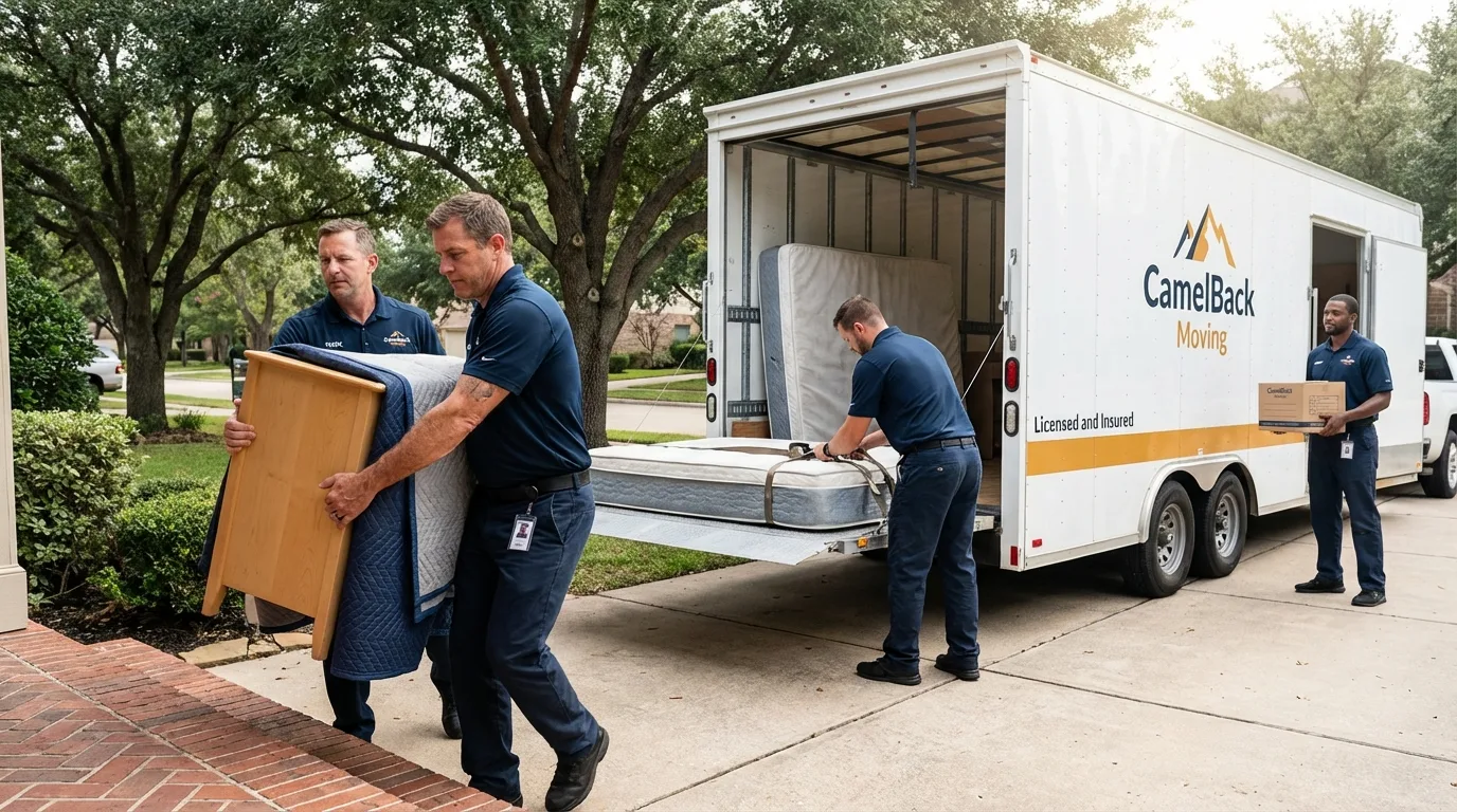 Crew loading residential truck for cross-state move from Waverly, IA