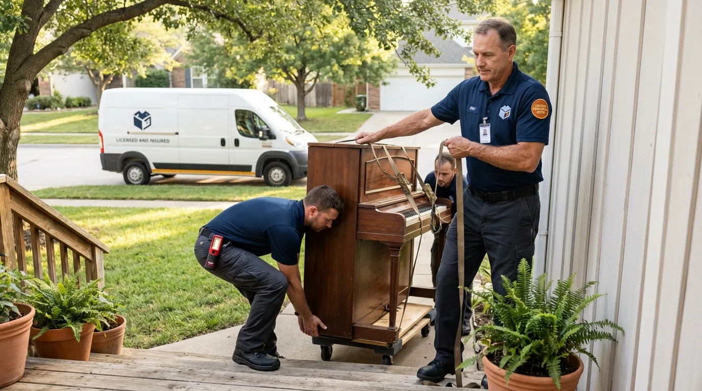 Licensed piano movers securing grand piano in Waverly, IA