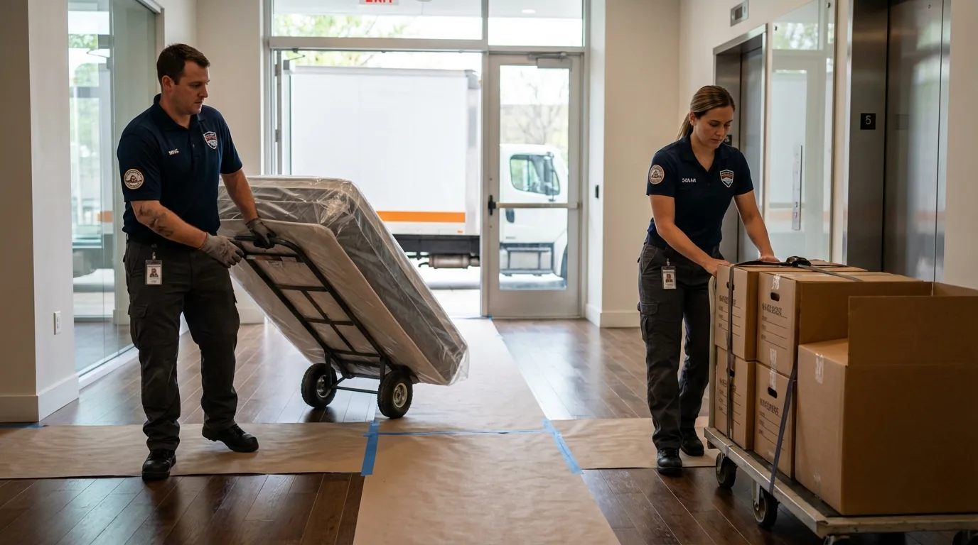 Professional apartment movers loading elevator in Waverly, IA