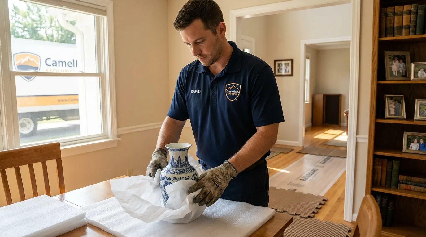 Professional crew carefully wrapping antique vase for senior downsizing move in Waverly, IA